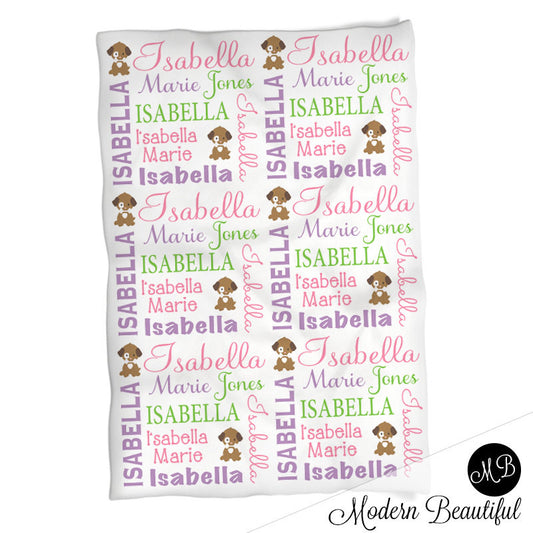 Girl Baby Blanket with Puppy, baby name blanket, puppy personalized blanket, girl baby blanket, baby shower gift, receiving blanket  PuppyG2