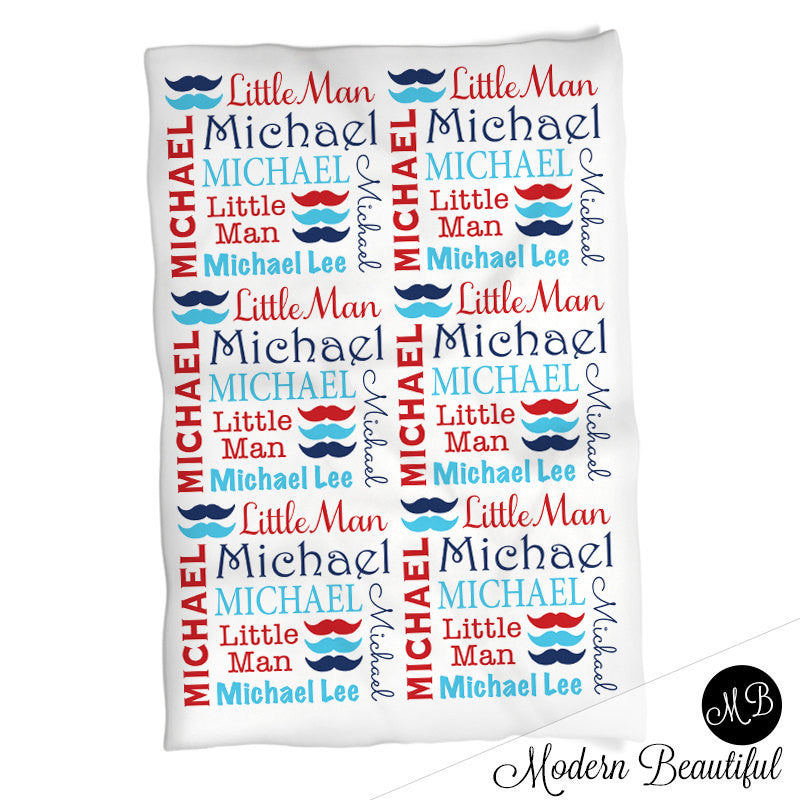 Little Man Moustache Name blanket, personalized baby gift, swaddling blanket, photo prop blanket, baby boy name blanket choose colors