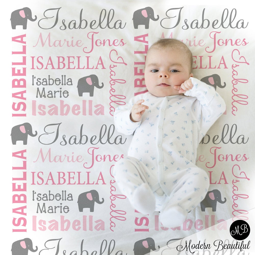 Elephant Name Blanket in pink and gray for Baby Girl, personalized baby gift, blanket, baby blanket, personalized blanket, choose colors