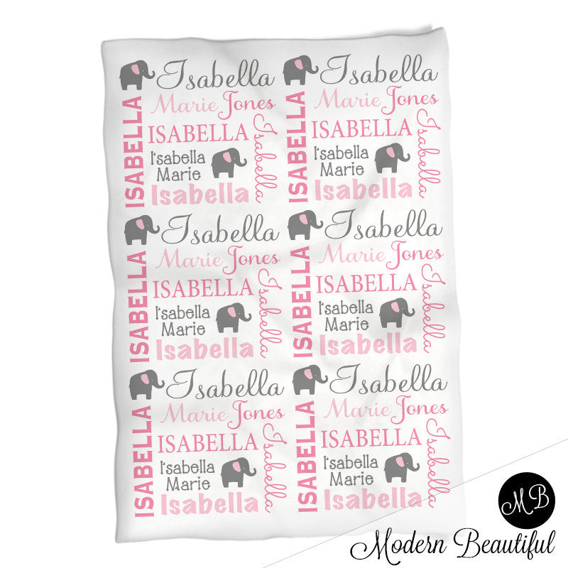 Elephant Name Blanket in pink and gray for Baby Girl, personalized baby gift, blanket, baby blanket, personalized blanket, choose colors