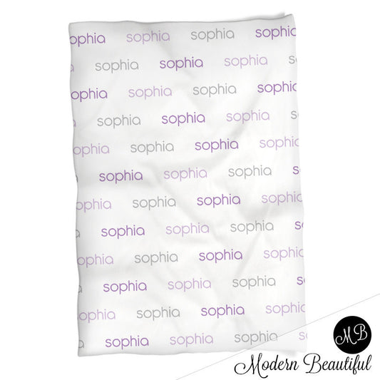 Baby Girl Name blanket - purple lavender and gray, personalized baby gift, blanket, girl blanket, swaddling blanket, choose your colors 1010