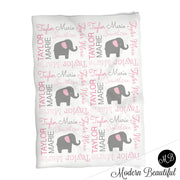 Elephant Name Blanket in pink and gray, Girl, personalized blanket, custom blanket, baby blanket, personalized blanket, choose colors