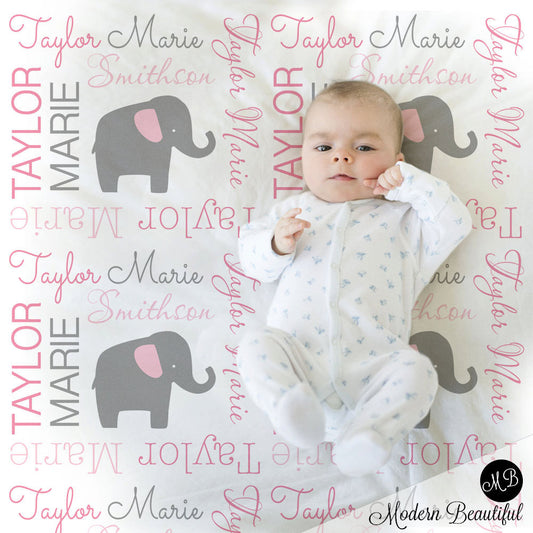 Elephant Name Blanket in pink and gray, Girl, personalized blanket, custom blanket, baby blanket, personalized blanket, choose colors