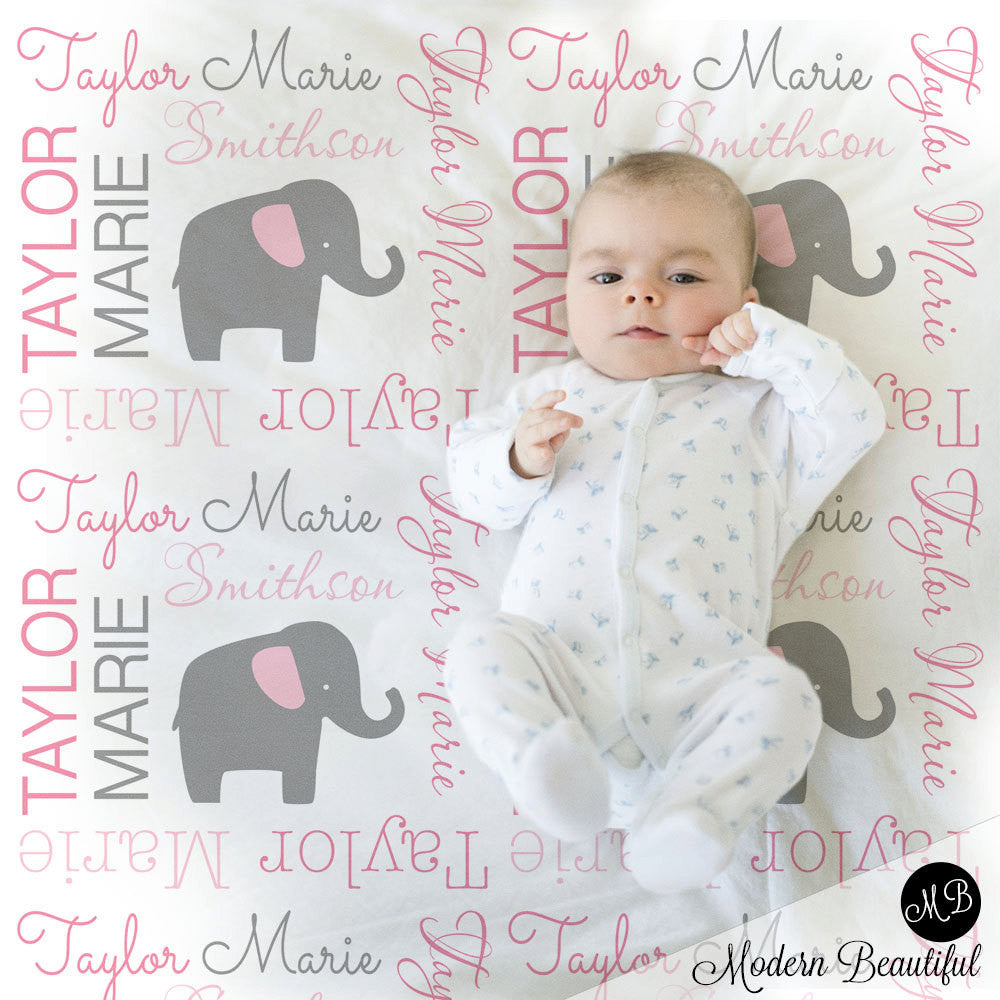 Elephant Name Blanket in pink and gray, Girl, personalized blanket, custom blanket, baby blanket, personalized blanket, choose colors
