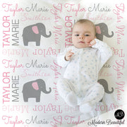 Elephant Name Blanket in pink and gray, Girl, personalized blanket, custom blanket, baby blanket, personalized blanket, choose colors