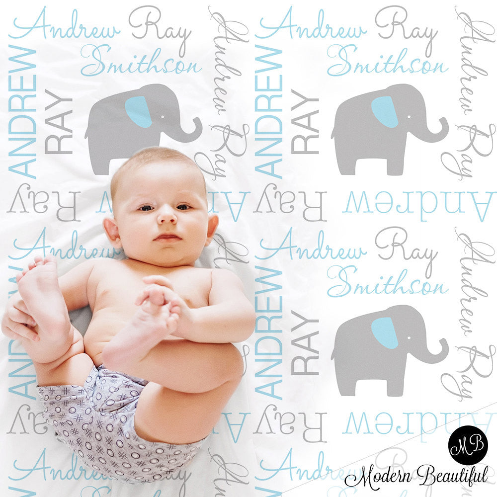 Elephant Name Blanket in Blue and gray, Boy, personalized blanket, custom blanket, baby blanket, personalized blanket, choose colors