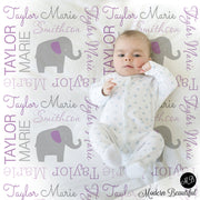 Elephant Name Blanket in purple and gray, Girl, personalized blanket, custom blanket, baby blanket, personalized blanket, choose colors