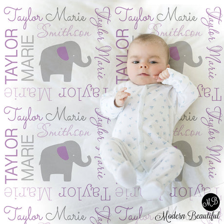 Elephant Name Blanket in purple and gray, Girl, personalized blanket, custom blanket, baby blanket, personalized blanket, choose colors