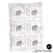 Elephant Name Blanket in purple and gray, Girl, personalized blanket, custom blanket, baby blanket, personalized blanket, choose colors