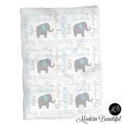 Elephant Name Blanket in Blue and gray, Boy, personalized blanket, custom blanket, baby blanket, personalized blanket, choose colors