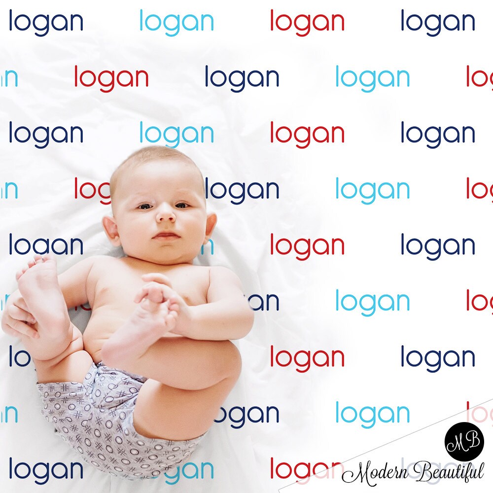Baby boy repeating name blanket in red, light blue and navy, personalized newborn baby name only blanket, name baby gift, (CHOOSE COLORS)