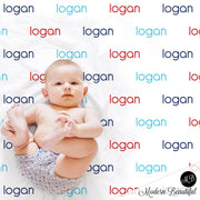 Baby boy repeating name blanket in red, light blue and navy, personalized newborn baby name only blanket, name baby gift, (CHOOSE COLORS)