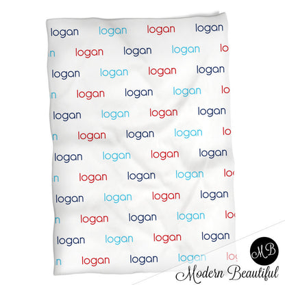 Boy Name blanket in red, light blue and navy, personalized baby gift, blanket, baby blanket, swaddling blanket, choose your colors 1010
