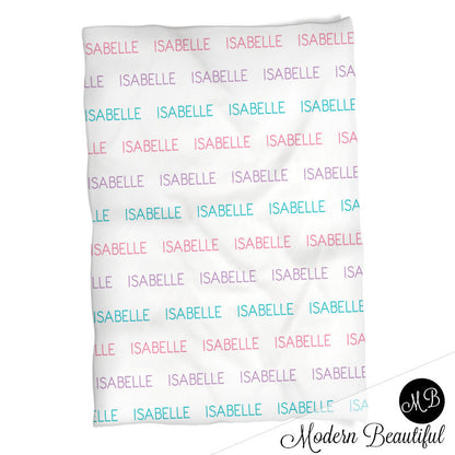 Personalized Name blanket in pink, purple, and aqua, personalized baby gift, swaddling blanket, baby blanket, modern trendy,  Capital