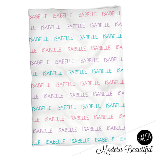 Personalized Name blanket in pink, purple, and aqua, personalized baby gift, swaddling blanket, baby blanket, modern trendy,  Capital