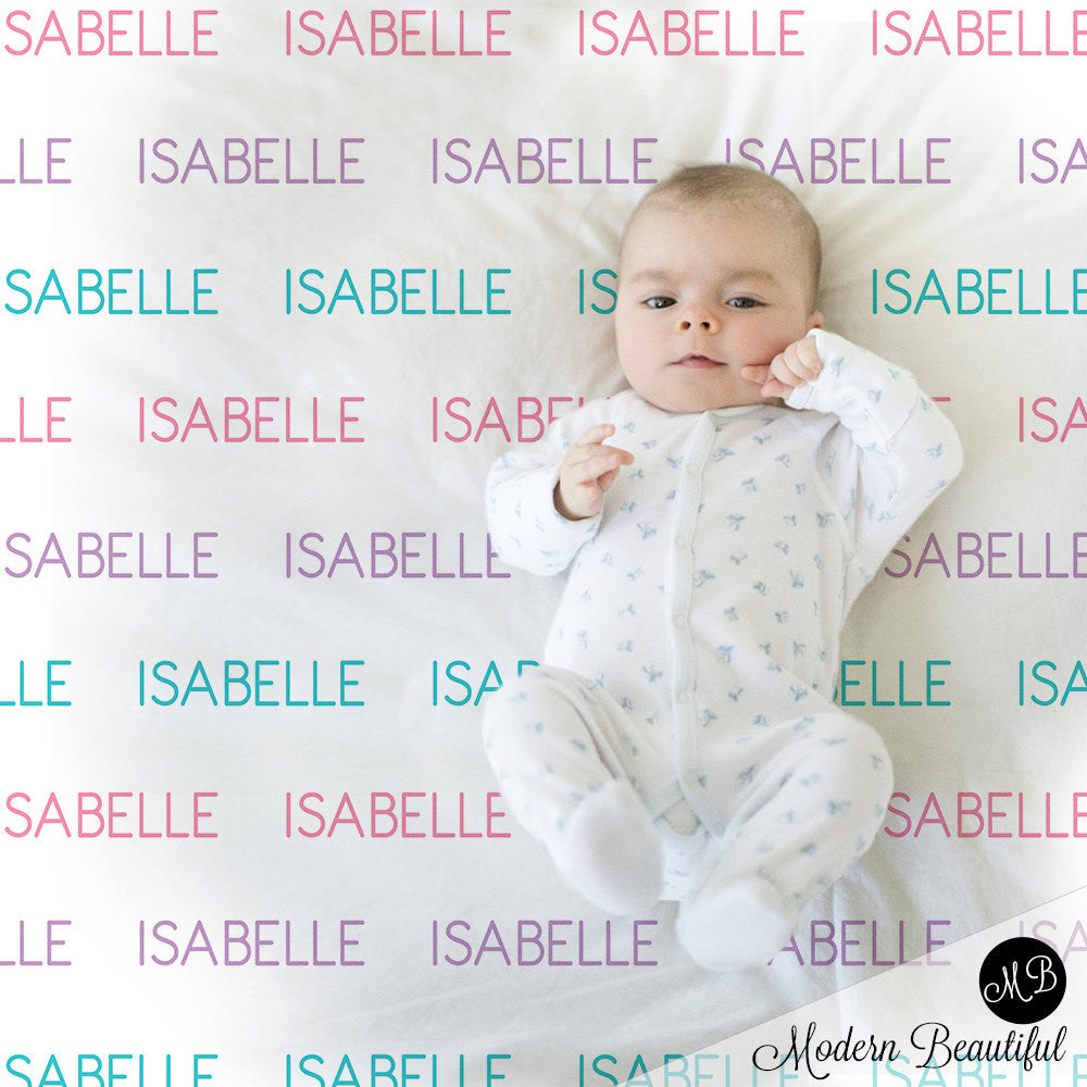 Personalized Name blanket in pink, purple, and aqua, personalized baby gift, swaddling blanket, baby blanket, modern trendy,  Capital