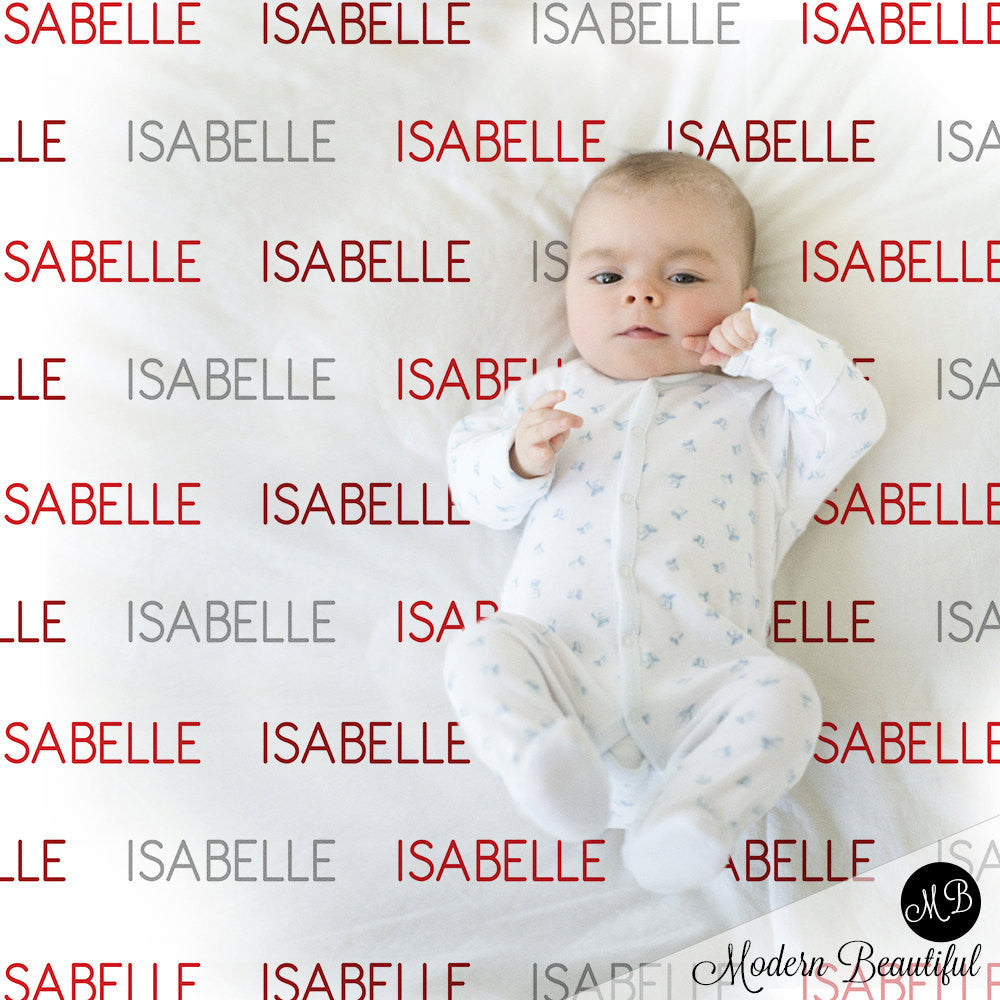 Personalized Name blanket in red and gray, personalized baby gift, swaddling blanket, baby blanket, modern trendy blanket,  Capital