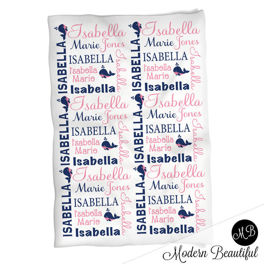 Girl Whale blanket, personalized gift, whale blanket, pink and navy blue blanket, personalized name blanket, whale name blanket girls