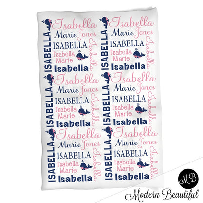 Baby girl whale blanket, personalized newborn ocean nautical blanket, pink and navy blanket, whale theme baby gift, whales (CHOOSE COLORS)