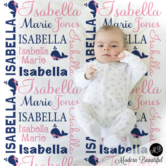 Girl Whale blanket, personalized gift, whale blanket, pink and navy blue blanket, personalized name blanket, whale name blanket girls