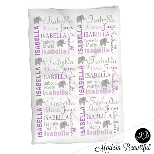 Elephant Name Blanket in purple and gray for Baby Girl, personalized baby gift,  photo prop blanket, personalized blanket, choose colors