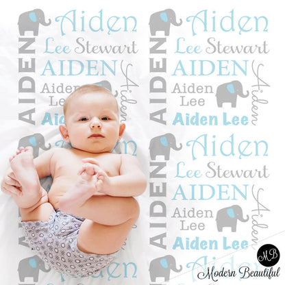 Elephant Name Blanket in blue and gray for boy, personalized baby gift, blanket, blanket, personalized blanket, photo prop, choose colors