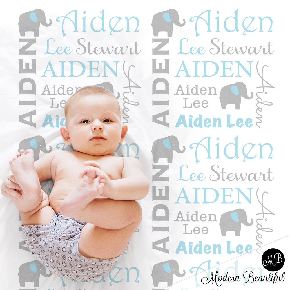 Elephant Name Blanket in blue and gray for boy, personalized baby gift, blanket, blanket, personalized blanket, photo prop, choose colors