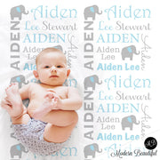 Elephant Name Blanket in blue and gray for boy, personalized baby gift, blanket, blanket, personalized blanket, photo prop, choose colors