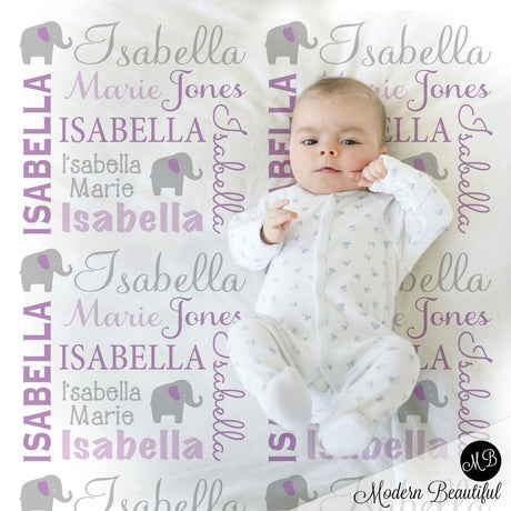 Elephant Name Blanket in purple and gray for Baby Girl, personalized baby gift,  photo prop blanket, personalized blanket, choose colors