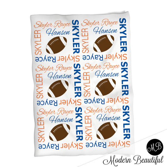 Football blanket in blue and orange, personalized gift, boy football blanket, photo prop blanket, personalized sports name blanket, blanket