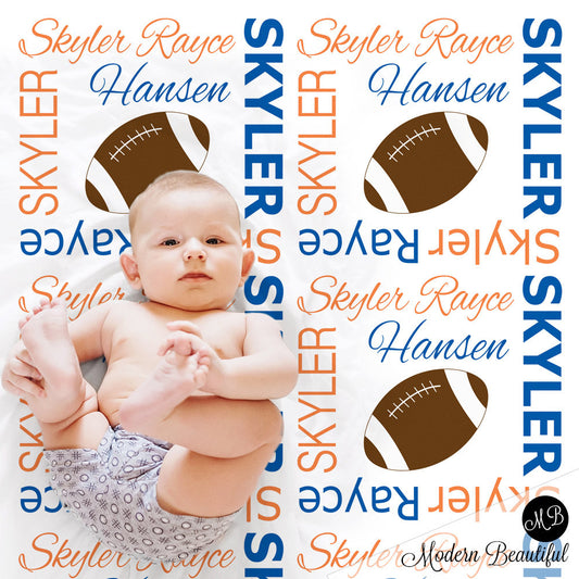 Football blanket in blue and orange, personalized gift, boy football blanket, photo prop blanket, personalized sports name blanket, blanket