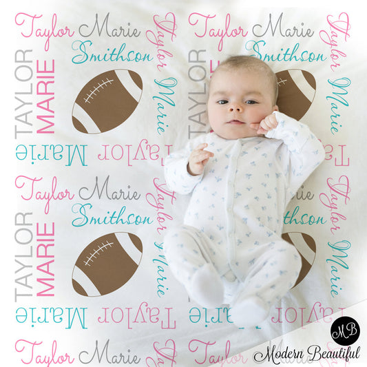 Girl Football blanket, personalized gift, girl football blanket, pink aqua and gray blanket, personalized sports name blanket, blanket