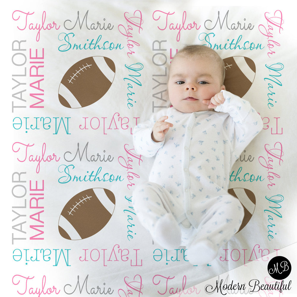 Girl Football blanket, personalized gift, girl football blanket, pink aqua and gray blanket, personalized sports name blanket, blanket