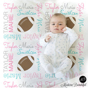 Girl Football blanket, personalized gift, girl football blanket, pink aqua and gray blanket, personalized sports name blanket, blanket
