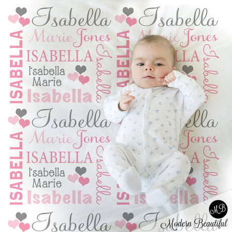 Hearts Name Blanket in pink and gray for Baby Girl, personalized baby gift, blanket, baby blanket, personalized blanket, choose colors