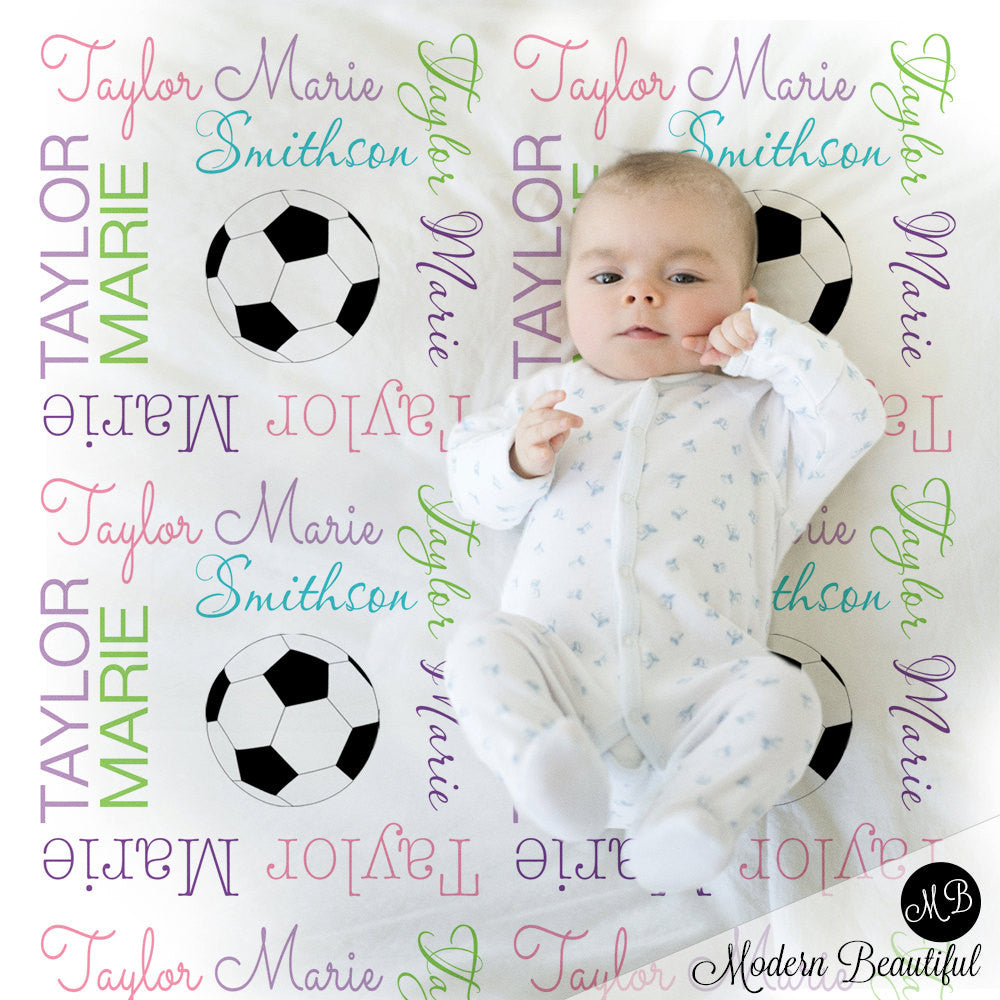 Girls Soccer blanket photo prop, girl soccer/football blanket, pink purple aqua green blanket, personalized sports name blanket, blanket