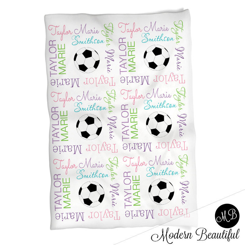 Girls Soccer blanket photo prop, girl soccer/football blanket, pink purple aqua green blanket, personalized sports name blanket, blanket