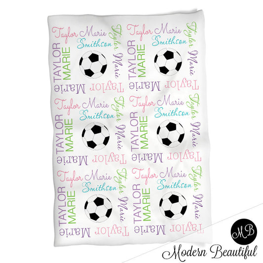 Girls Soccer blanket photo prop, girl soccer/football blanket, pink purple aqua green blanket, personalized sports name blanket, blanket
