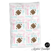 Girl Football blanket, personalized gift, girl football blanket, pink aqua and gray blanket, personalized sports name blanket, blanket