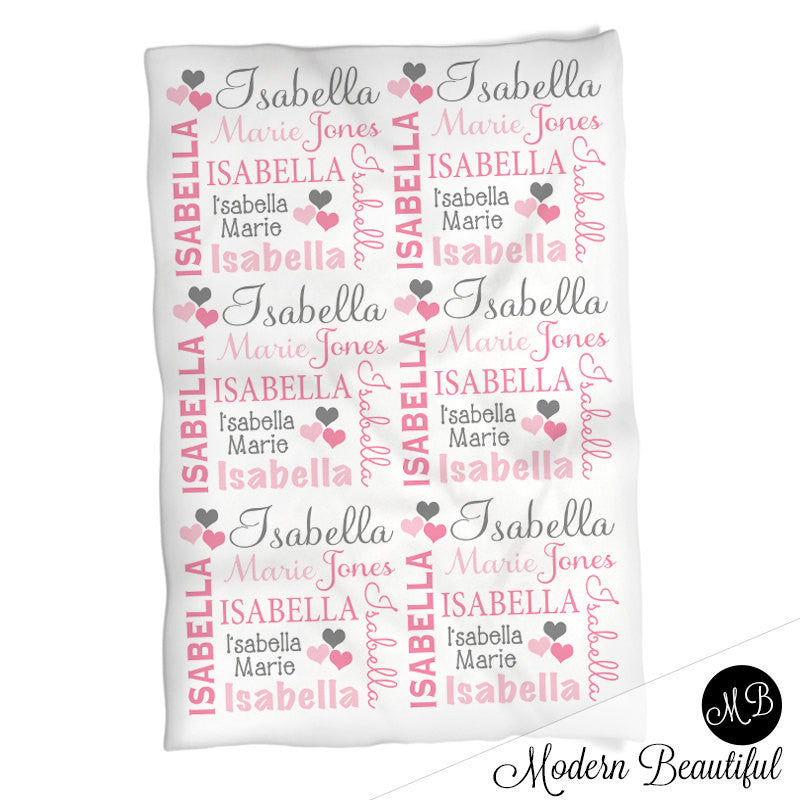 Hearts Name Blanket in pink and gray for Baby Girl, personalized baby gift, blanket, baby blanket, personalized blanket, choose colors