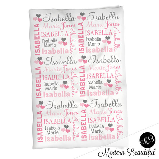 Hearts Name Blanket in pink and gray for Baby Girl, personalized baby gift, blanket, baby blanket, personalized blanket, choose colors
