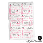 Hearts Name Blanket in pink and gray for Baby Girl, personalized baby gift, blanket, baby blanket, personalized blanket, choose colors