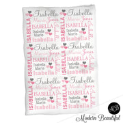 Hearts Name Blanket in pink and gray for Baby Girl, personalized baby gift, blanket, baby blanket, personalized blanket, choose colors