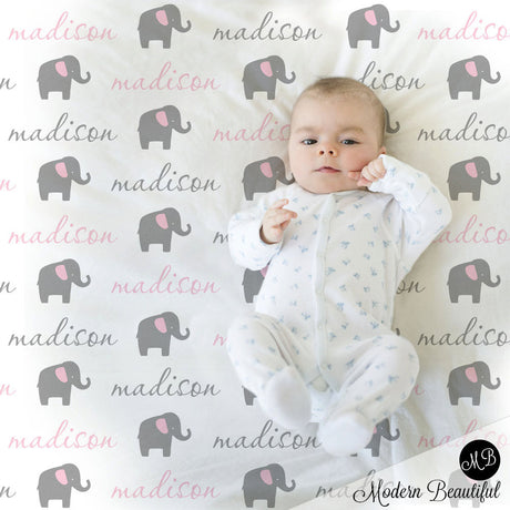 Elephant Name Blanket in pink and gray for Baby Girl, personalized baby gift, cursive script font, personalized blanket, choose colors