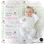 Hearts personalized baby name blanket, girls pink and mint heart newborn blanket, hearts swaddle blanket, heart baby gift (CHOOSE COLORS)