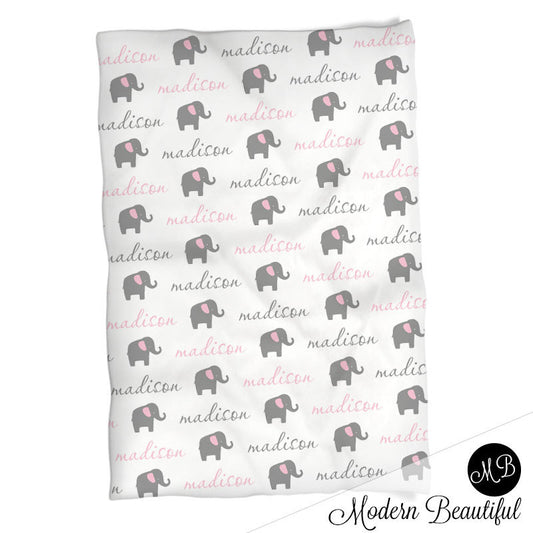 Elephant Name Blanket in pink and gray for Baby Girl, personalized baby gift, cursive script font, personalized blanket, choose colors