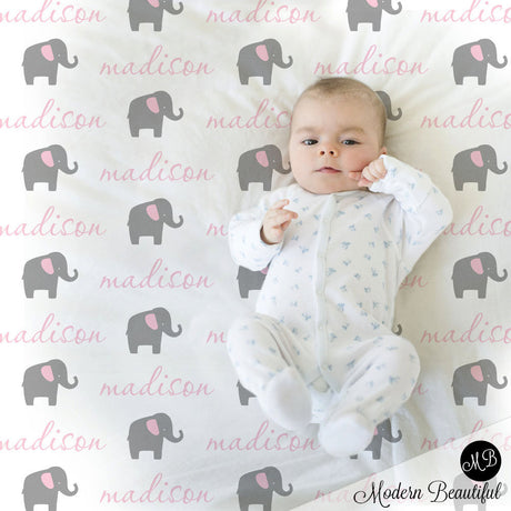 Pink and Gray Elephant Name Blanket for Baby Girl, personalized baby gift, cursive script font, personalized blanket, choose colors