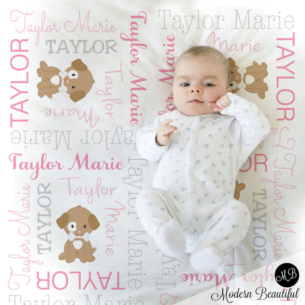 Puppy Personalized Name Blanket, personalized blanket, puppy blanket, girl baby blanket, baby shower gift, receiving blanket  PuppyG1