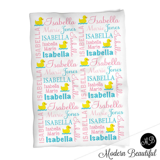 Ducky Name Blanket in pink and aqua for Baby Girl photo prop blanket, personalized, rubber ducky blanket, duck blanket, choose colors