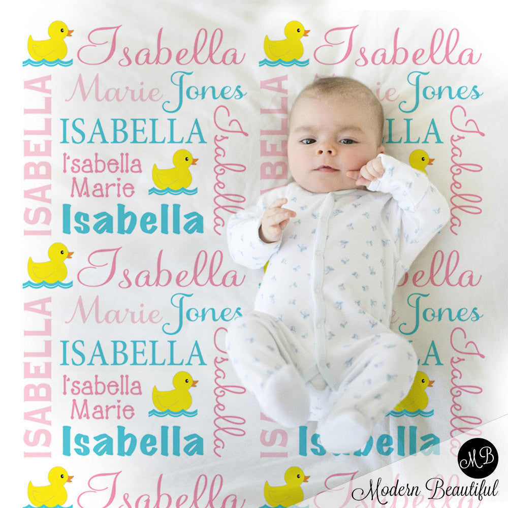 Ducky Name Blanket in pink and aqua for Baby Girl photo prop blanket, personalized, rubber ducky blanket, duck blanket, choose colors